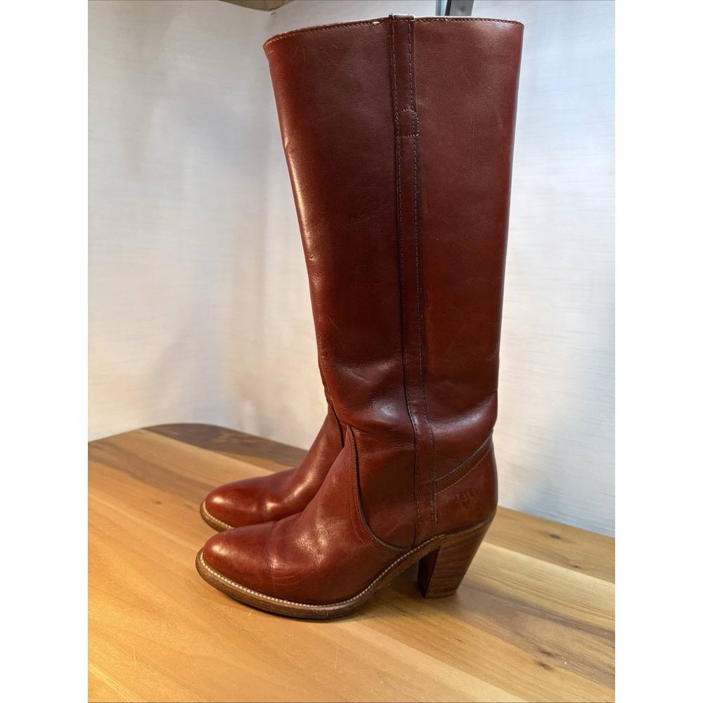 VTG Frye Tall Riding Boots Oxblood Red Campus Heeled Pull On Western USA Sz 8